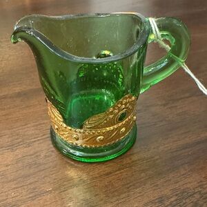 Green Glass Pitcher with Gold Accents